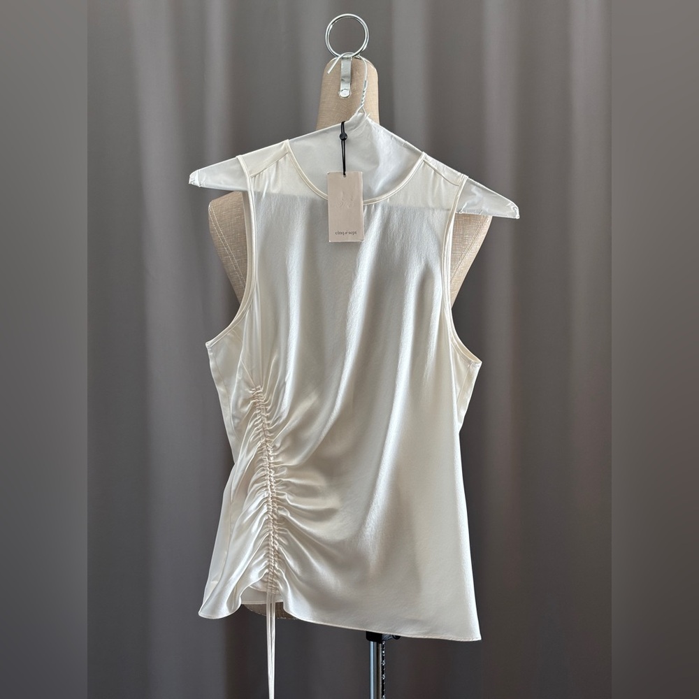 cinq a sept Cream Sleeveless Ruched Side Satin Blouse - Picture 1 of 5